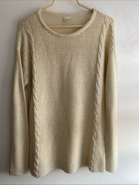 Light Cream Cable-Stripe Crewneck Sweater with Small Shiny Sequence